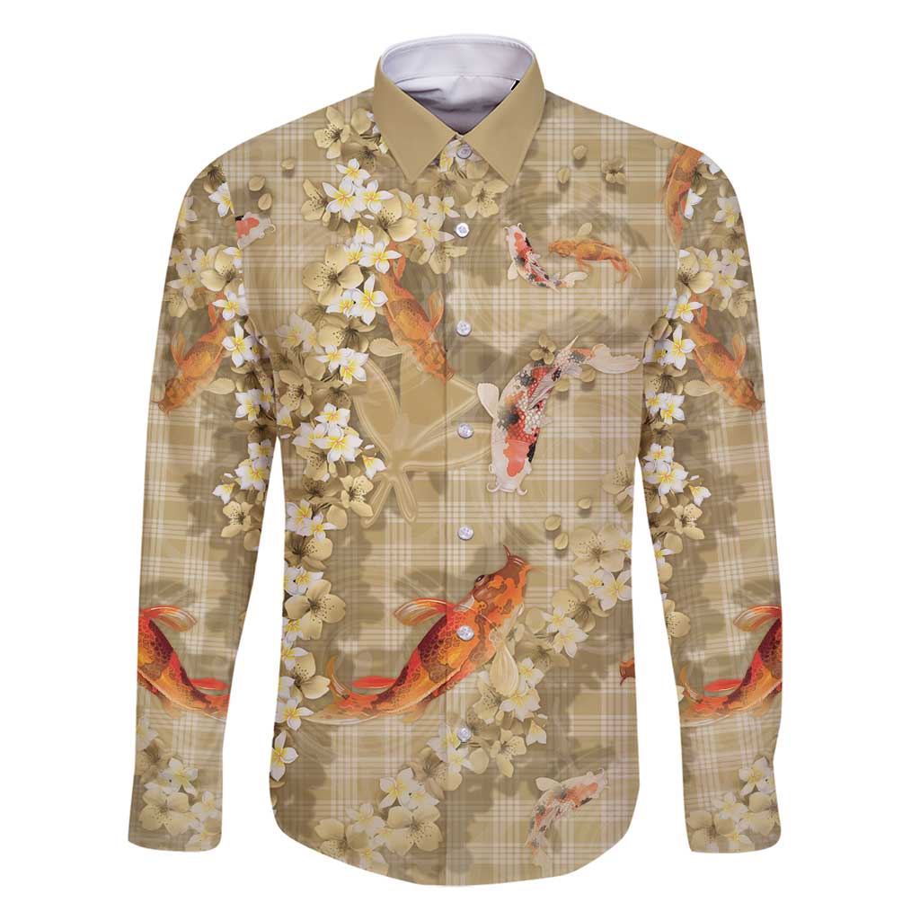 Beige Palaka Hawaiian And Japanese Family Matching Off Shoulder Maxi Dress and Hawaiian Shirt Sakura Lei With Koi Fish - Polynesian Pride