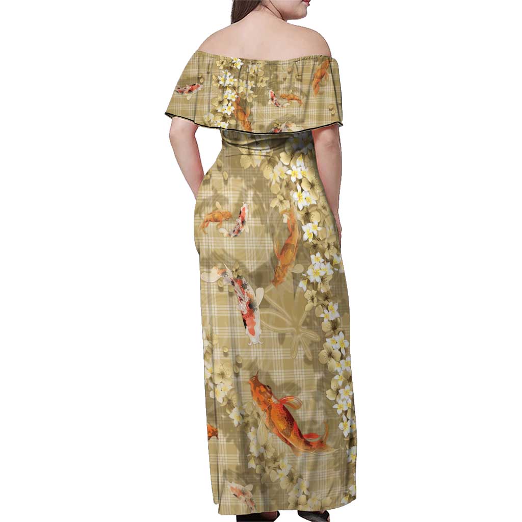Beige Palaka Hawaiian And Japanese Family Matching Off Shoulder Maxi Dress and Hawaiian Shirt Sakura Lei With Koi Fish - Polynesian Pride