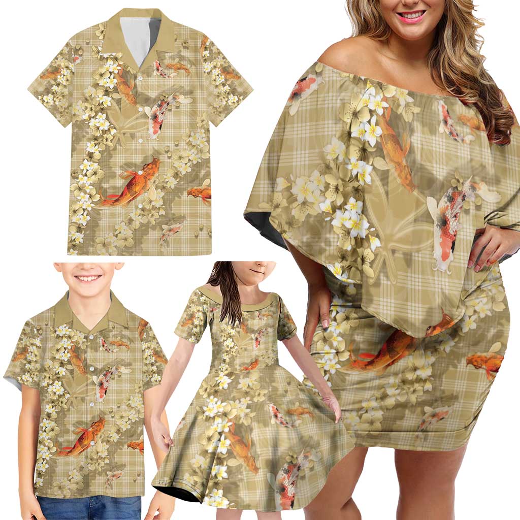 Beige Palaka Hawaiian And Japanese Family Matching Off Shoulder Short Dress and Hawaiian Shirt Sakura Lei With Koi Fish - Polynesian Pride
