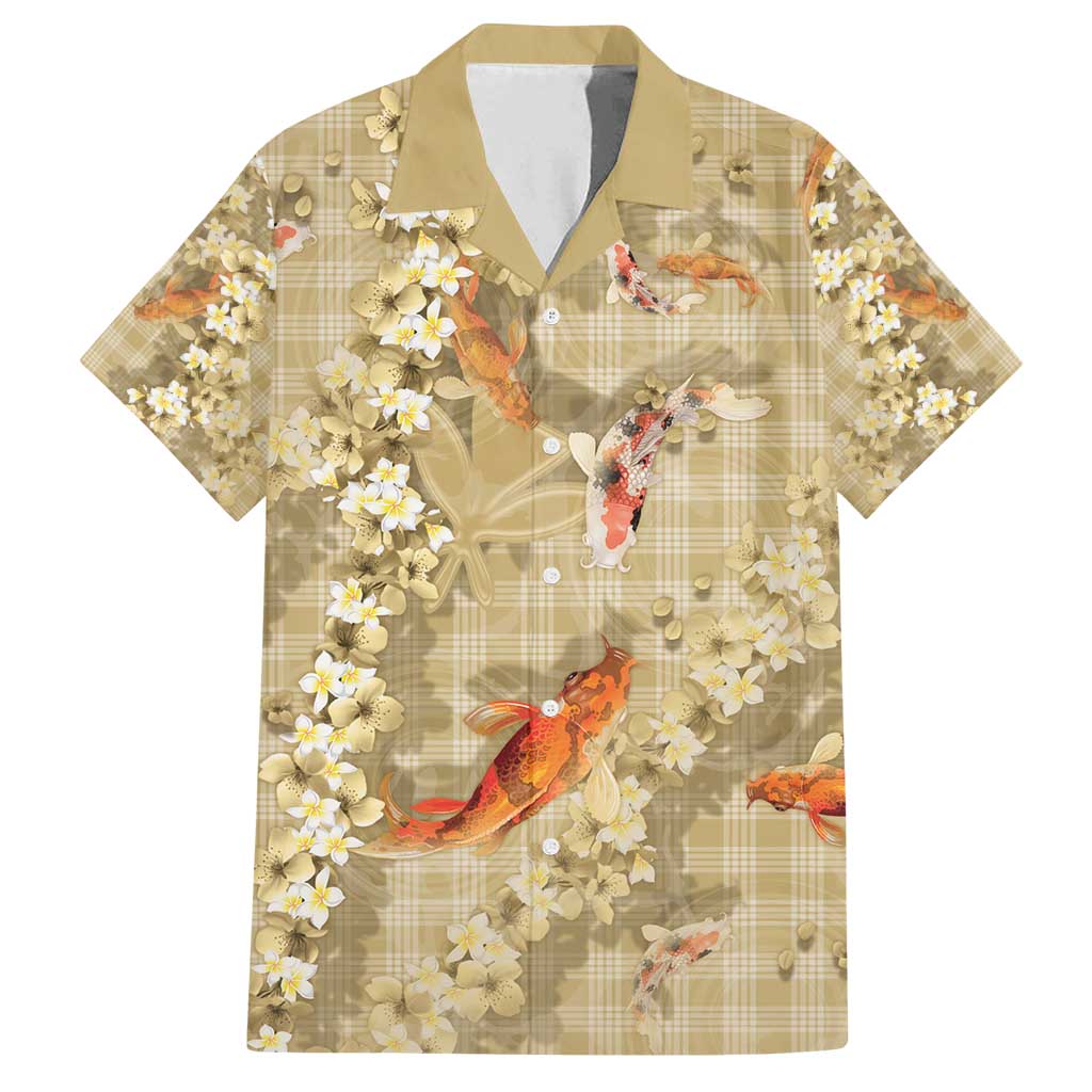 Beige Palaka Hawaiian And Japanese Family Matching Off Shoulder Short Dress and Hawaiian Shirt Sakura Lei With Koi Fish - Polynesian Pride