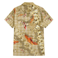 Beige Palaka Hawaiian And Japanese Family Matching Off Shoulder Short Dress and Hawaiian Shirt Sakura Lei With Koi Fish - Polynesian Pride