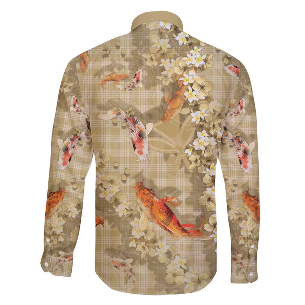 Beige Palaka Hawaiian And Japanese Family Matching Off Shoulder Short Dress and Hawaiian Shirt Sakura Lei With Koi Fish - Polynesian Pride