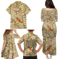 Beige Palaka Hawaiian And Japanese Family Matching Puletasi and Hawaiian Shirt Sakura Lei With Koi Fish - Polynesian Pride