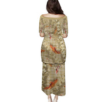 Beige Palaka Hawaiian And Japanese Family Matching Puletasi and Hawaiian Shirt Sakura Lei With Koi Fish - Polynesian Pride
