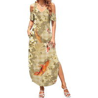 Beige Palaka Hawaiian And Japanese Family Matching Summer Maxi Dress and Hawaiian Shirt Sakura Lei With Koi Fish - Polynesian Pride