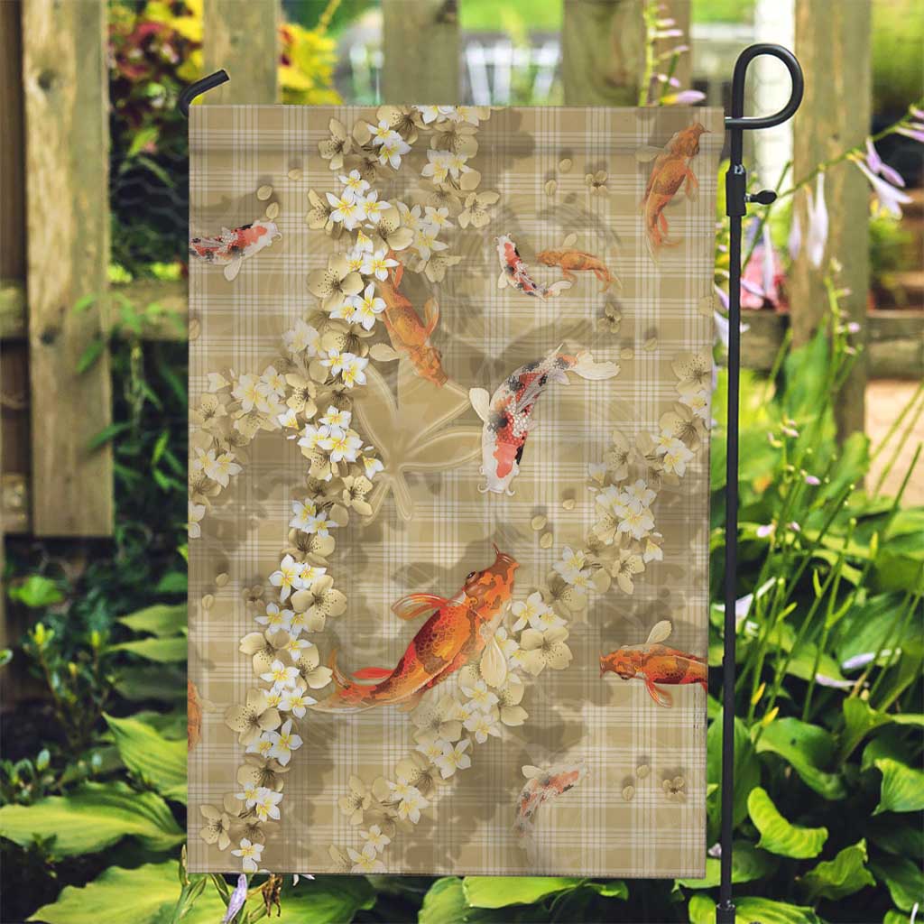 Beige Palaka Hawaiian And Japanese Garden Flag Sakura Lei With Koi Fish - Polynesian Pride