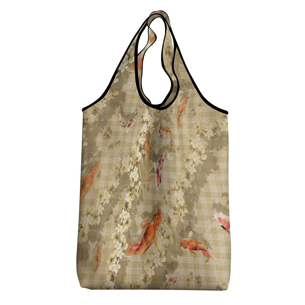 Beige Palaka Hawaiian And Japanese Grocery Bag Sakura Lei With Koi Fish - Polynesian Pride
