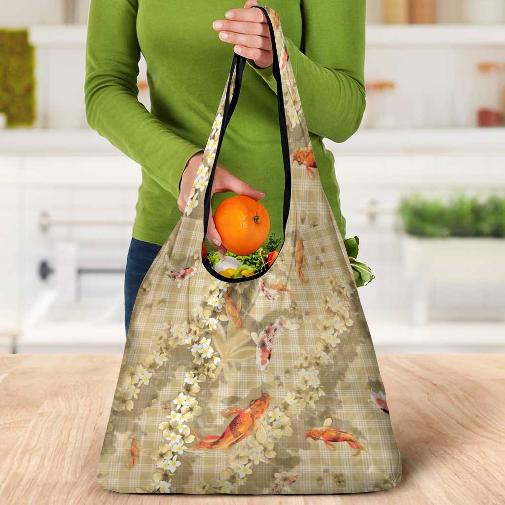 Beige Palaka Hawaiian And Japanese Grocery Bag Sakura Lei With Koi Fish - Polynesian Pride