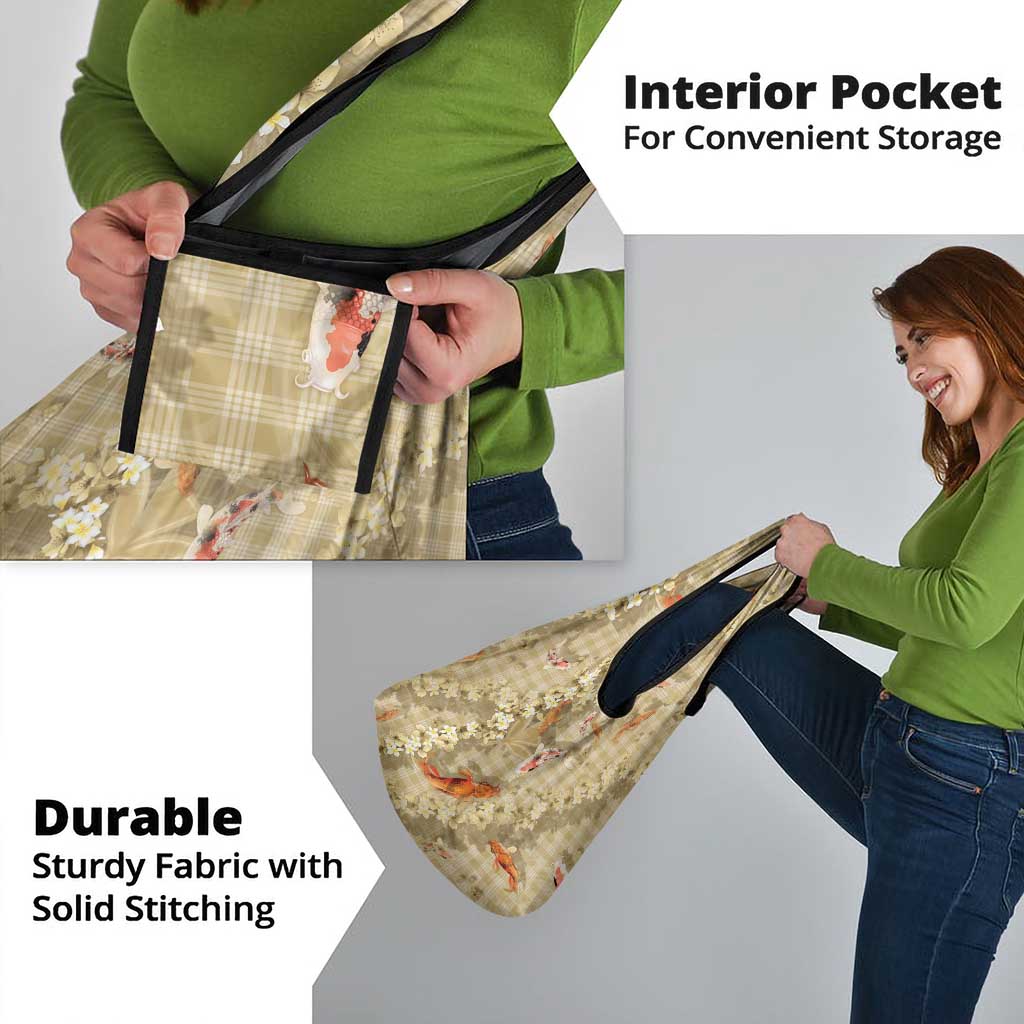 Beige Palaka Hawaiian And Japanese Grocery Bag Sakura Lei With Koi Fish - Polynesian Pride