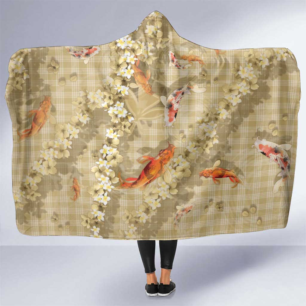 Beige Palaka Hawaiian And Japanese Hooded Blanket Sakura Lei With Koi Fish - Polynesian Pride