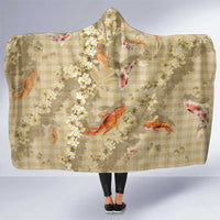 Beige Palaka Hawaiian And Japanese Hooded Blanket Sakura Lei With Koi Fish - Polynesian Pride