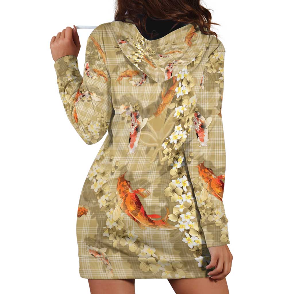 Beige Palaka Hawaiian And Japanese Hoodie Dress Sakura Lei With Koi Fish - Polynesian Pride