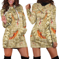 Beige Palaka Hawaiian And Japanese Hoodie Dress Sakura Lei With Koi Fish - Polynesian Pride