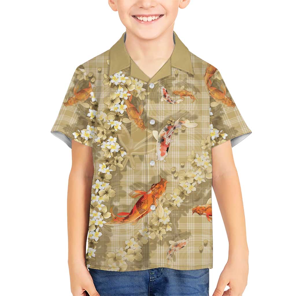Beige Palaka Hawaiian And Japanese Kid Hawaiian Shirt Sakura Lei With Koi Fish DT05 Kid Beige - Polynesian Pride