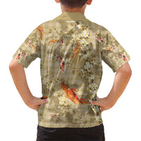 Beige Palaka Hawaiian And Japanese Kid Hawaiian Shirt Sakura Lei With Koi Fish - Polynesian Pride