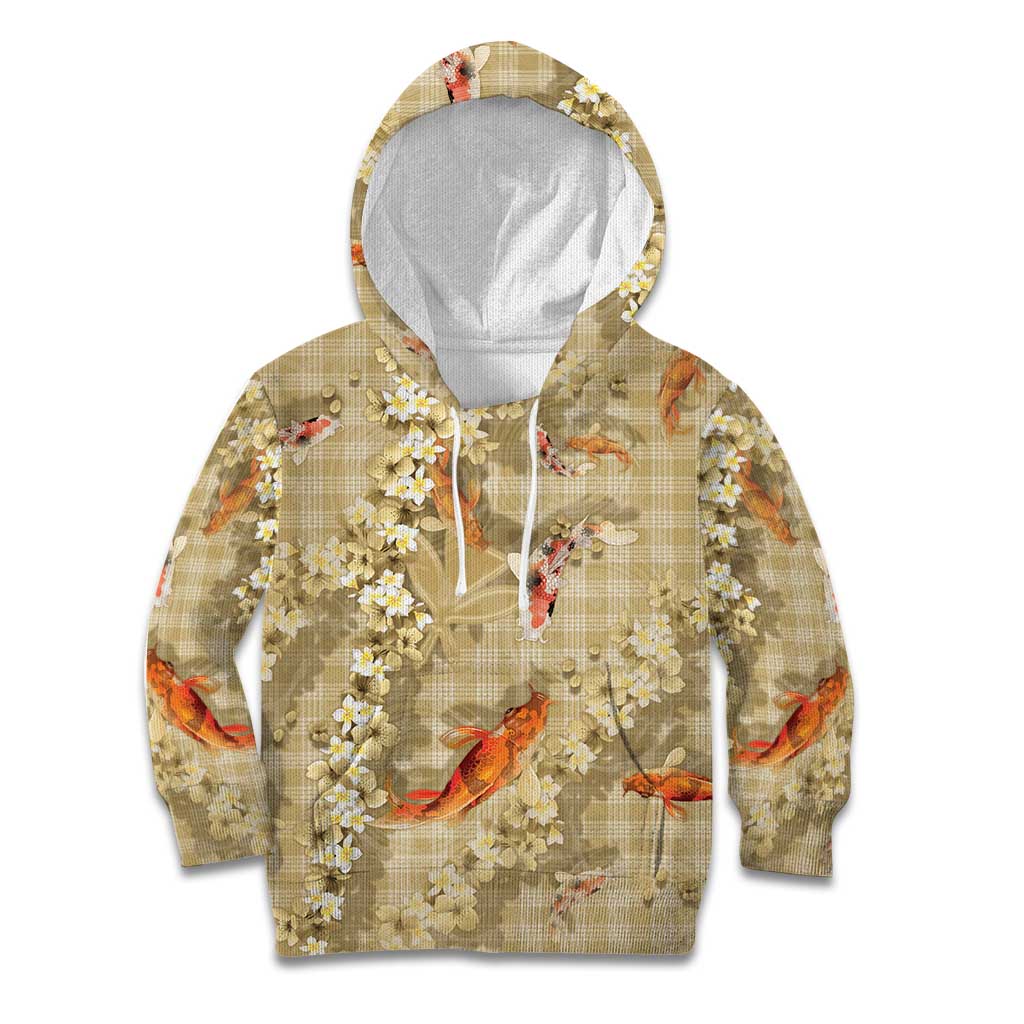Beige Palaka Hawaiian And Japanese Kid Hoodie Sakura Lei With Koi Fish DT05 Hoodie Beige - Polynesian Pride
