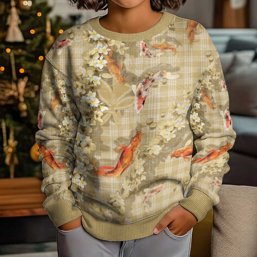 Beige Palaka Hawaiian And Japanese Kid Ugly Christmas Sweater Sakura Lei With Koi Fish - Polynesian Pride