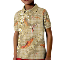 Beige Palaka Hawaiian And Japanese Kid Polo Shirt Sakura Lei With Koi Fish - Polynesian Pride