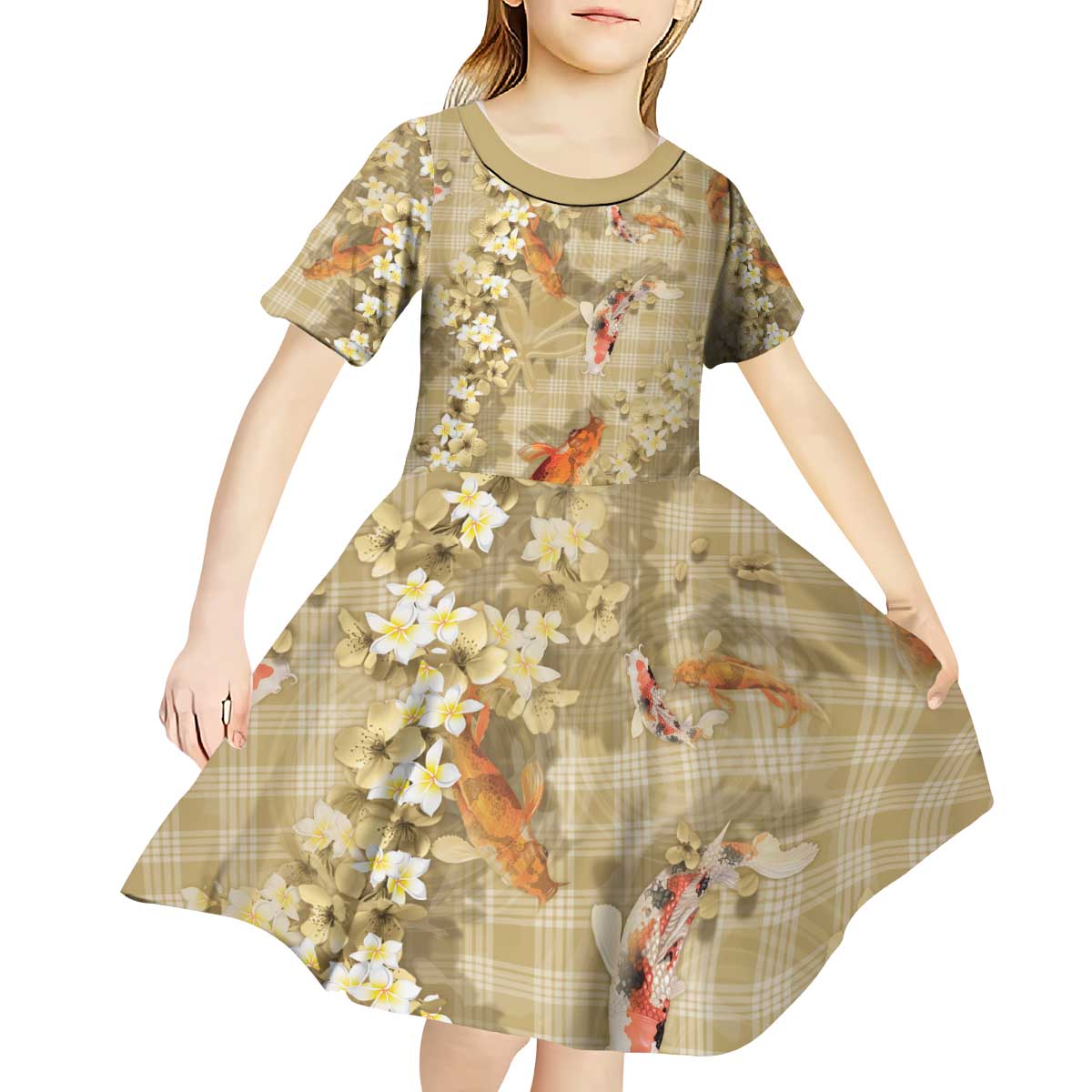 Beige Palaka Hawaiian And Japanese Kid Short Sleeve Dress Sakura Lei With Koi Fish - Polynesian Pride