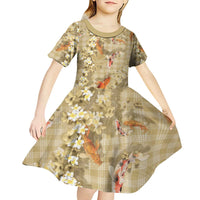 Beige Palaka Hawaiian And Japanese Kid Short Sleeve Dress Sakura Lei With Koi Fish - Polynesian Pride