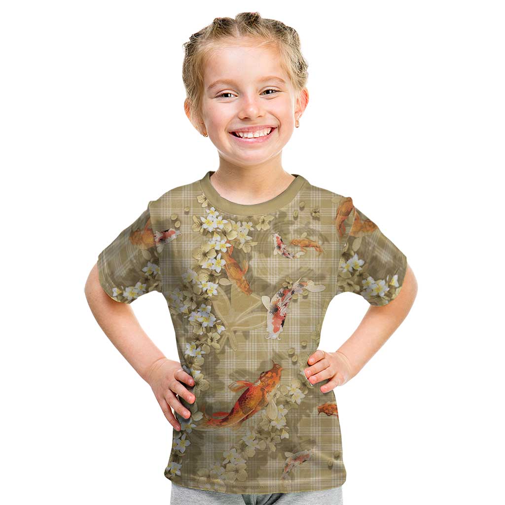 Beige Palaka Hawaiian And Japanese Kid T Shirt Sakura Lei With Koi Fish DT05 Beige - Polynesian Pride