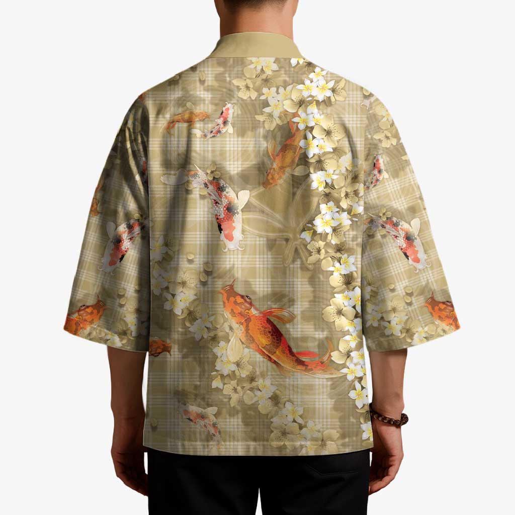 Beige Palaka Hawaiian And Japanese Kimono Sakura Lei With Koi Fish - Polynesian Pride