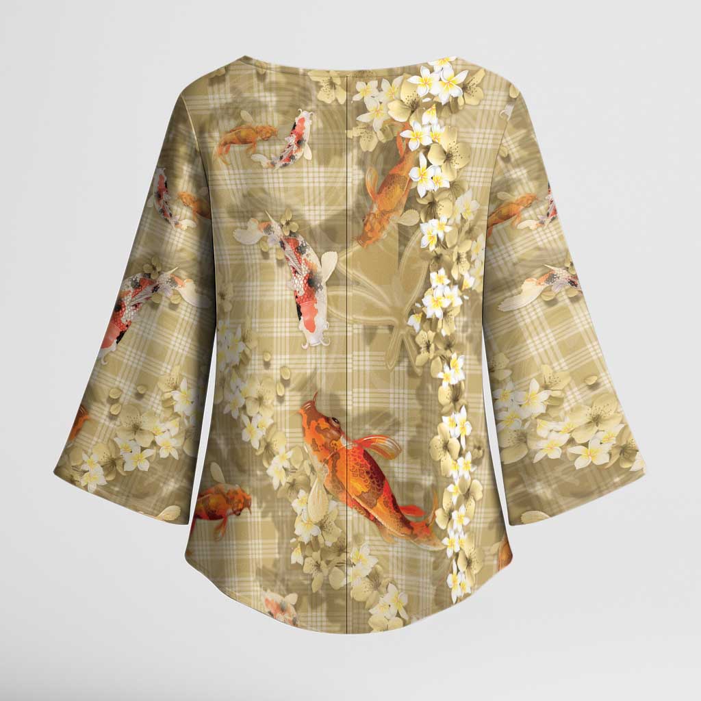 Beige Palaka Hawaiian And Japanese Kimono Sleeve Blouse Sakura Lei With Koi Fish - Polynesian Pride