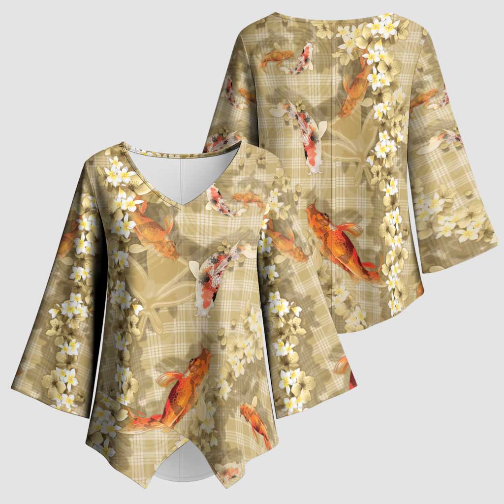 Beige Palaka Hawaiian And Japanese Kimono Sleeve Blouse Sakura Lei With Koi Fish - Polynesian Pride