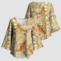 Beige Palaka Hawaiian And Japanese Kimono Sleeve Blouse Sakura Lei With Koi Fish - Polynesian Pride