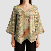 Beige Palaka Hawaiian And Japanese Kimono Sleeve Blouse Sakura Lei With Koi Fish - Polynesian Pride