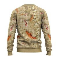 Beige Palaka Hawaiian And Japanese Ugly Christmas Sweater Sakura Lei With Koi Fish - Polynesian Pride