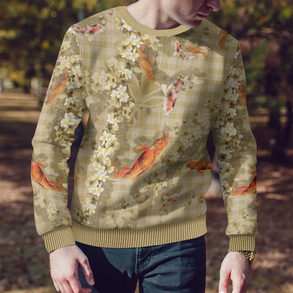 Beige Palaka Hawaiian And Japanese Ugly Christmas Sweater Sakura Lei With Koi Fish - Polynesian Pride