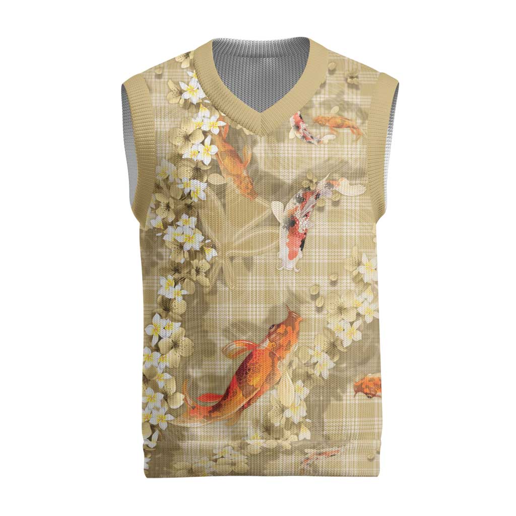 Beige Palaka Hawaiian And Japanese Christmas Knitted V-Neck Vest Sakura Lei With Koi Fish - Polynesian Pride