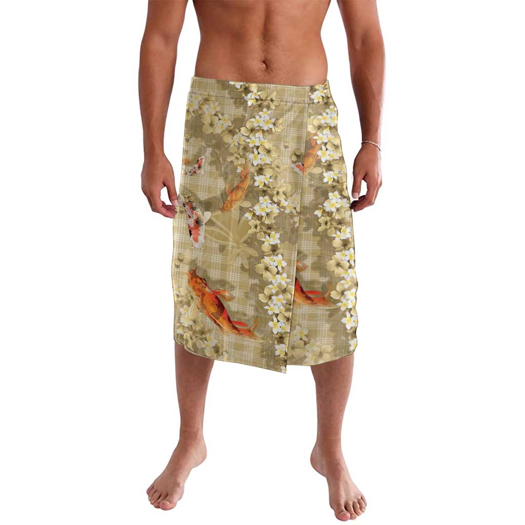 Beige Palaka Hawaiian And Japanese Lavalava Sakura Lei With Koi Fish - Polynesian Pride