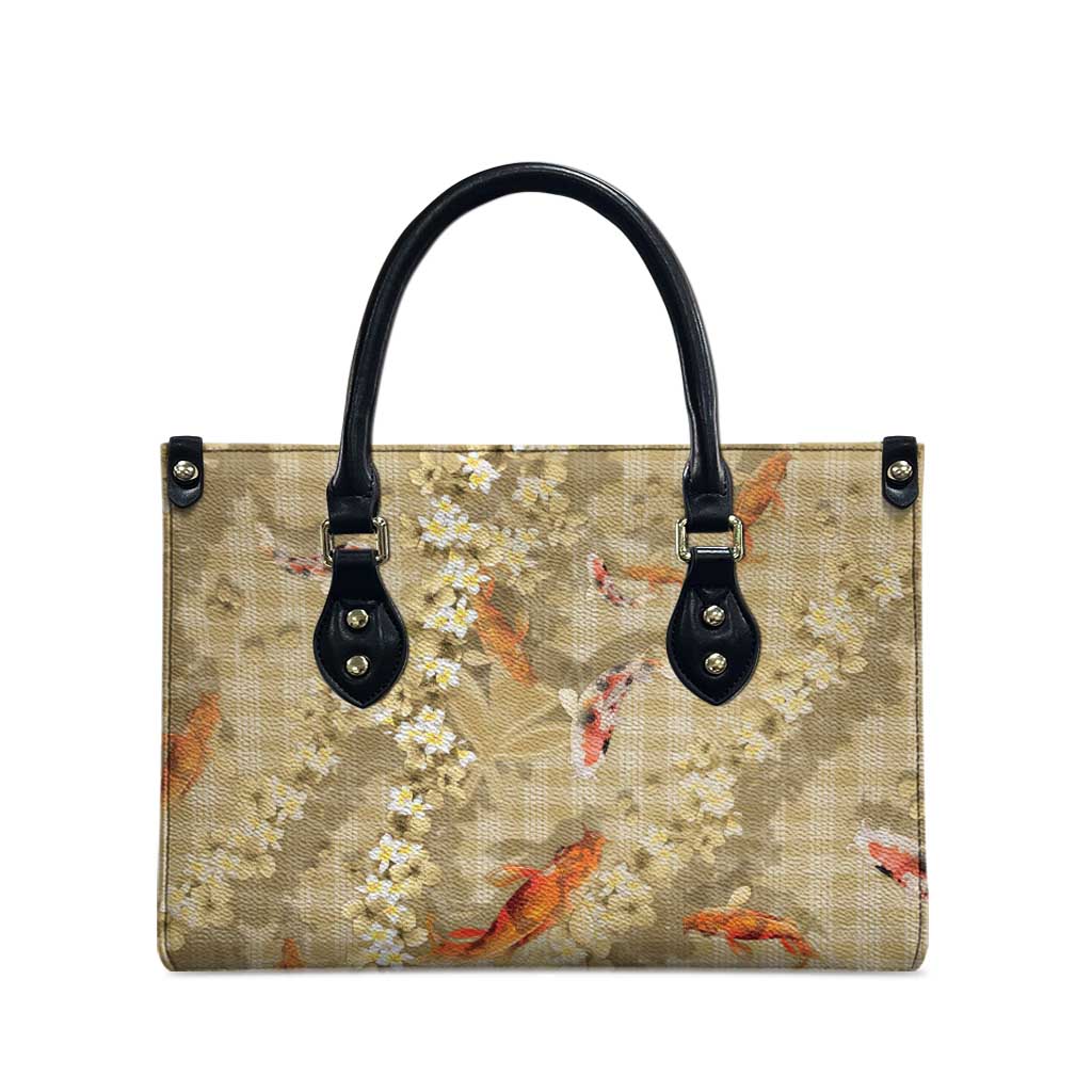 Beige Palaka Hawaiian And Japanese Leather Bag Sakura Lei With Koi Fish - Polynesian Pride