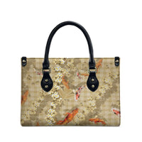 Beige Palaka Hawaiian And Japanese Leather Bag Sakura Lei With Koi Fish - Polynesian Pride