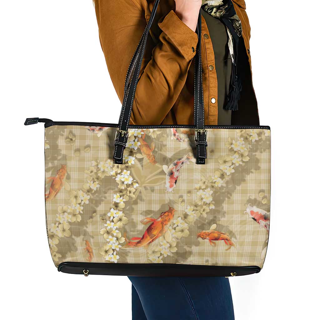 Beige Palaka Hawaiian And Japanese Leather Tote Bag Sakura Lei With Koi Fish - Polynesian Pride