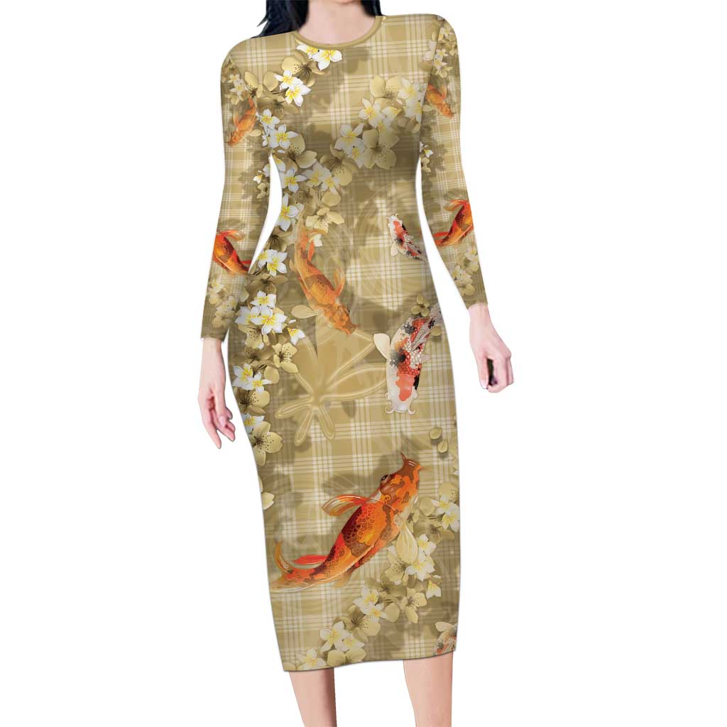 Beige Palaka Hawaiian And Japanese Long Sleeve Bodycon Dress Sakura Lei With Koi Fish - Polynesian Pride
