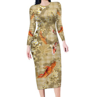 Beige Palaka Hawaiian And Japanese Long Sleeve Bodycon Dress Sakura Lei With Koi Fish - Polynesian Pride