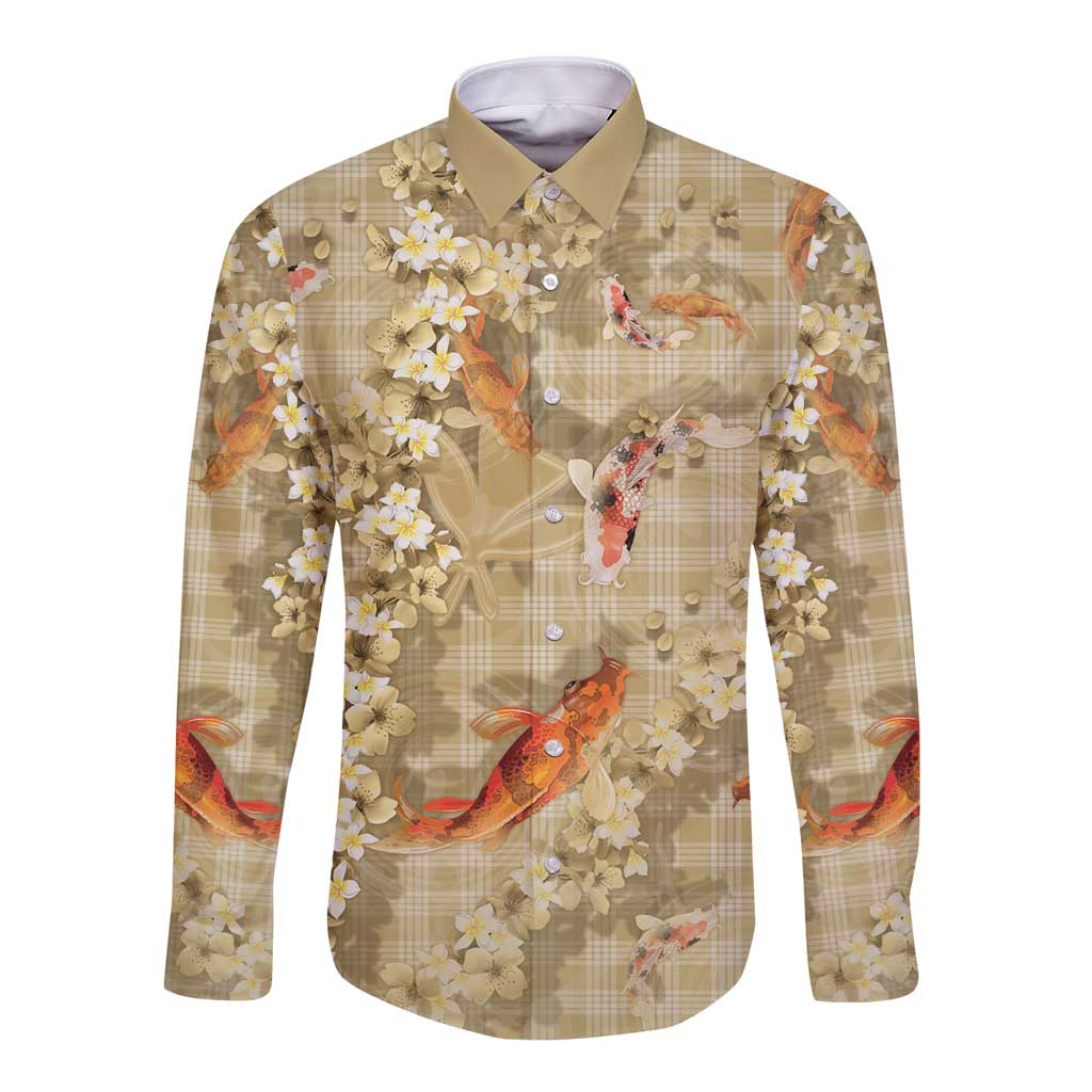 Beige Palaka Hawaiian And Japanese Long Sleeve Button Shirt Sakura Lei With Koi Fish - Polynesian Pride