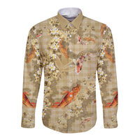 Beige Palaka Hawaiian And Japanese Long Sleeve Button Shirt Sakura Lei With Koi Fish - Polynesian Pride