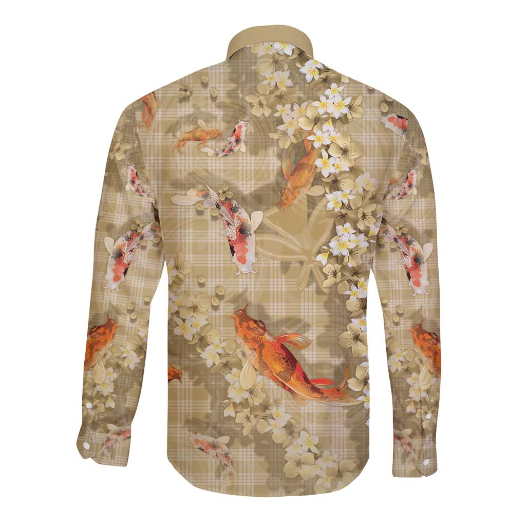 Beige Palaka Hawaiian And Japanese Long Sleeve Button Shirt Sakura Lei With Koi Fish - Polynesian Pride