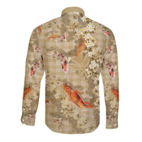 Beige Palaka Hawaiian And Japanese Long Sleeve Button Shirt Sakura Lei With Koi Fish - Polynesian Pride