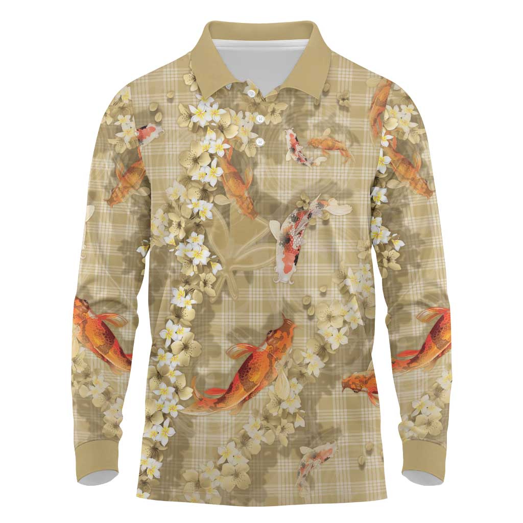 Beige Palaka Hawaiian And Japanese Long Sleeve Polo Shirt Sakura Lei With Koi Fish - Polynesian Pride