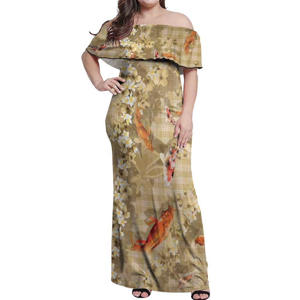 Beige Palaka Hawaiian And Japanese Off Shoulder Maxi Dress Sakura Lei With Koi Fish - Polynesian Pride