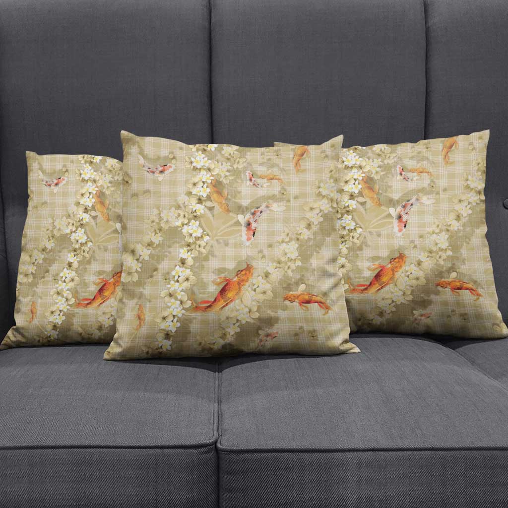 Beige Palaka Hawaiian And Japanese Pillow Cover Sakura Lei With Koi Fish - Polynesian Pride