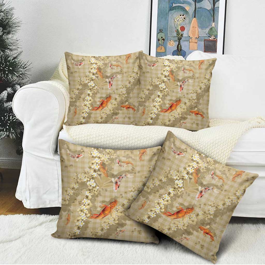 Beige Palaka Hawaiian And Japanese Pillow Cover Sakura Lei With Koi Fish - Polynesian Pride