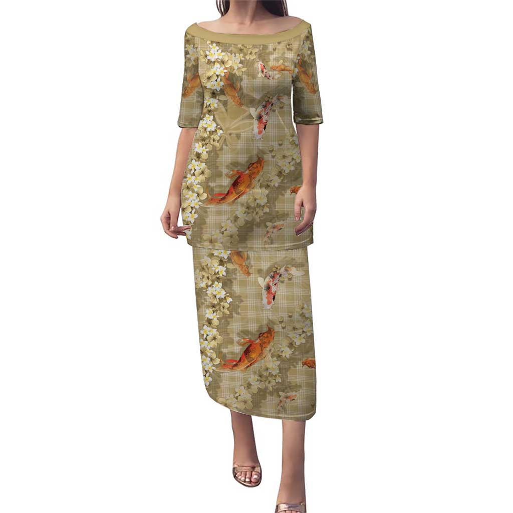 Beige Palaka Hawaiian And Japanese Puletasi Sakura Lei With Koi Fish DT05 Long Dress Beige - Polynesian Pride