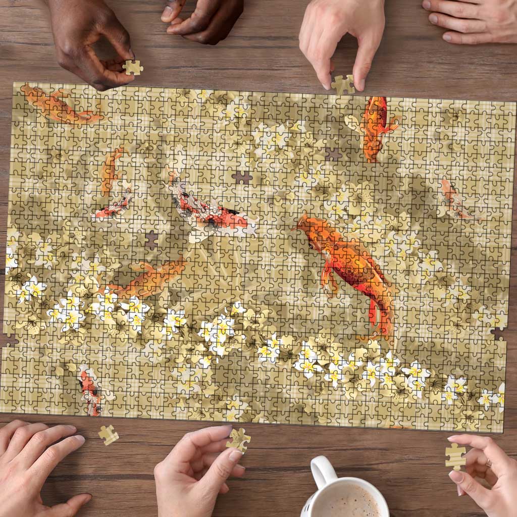 Beige Palaka Hawaiian And Japanese Puzzle Sakura Lei With Koi Fish - Polynesian Pride