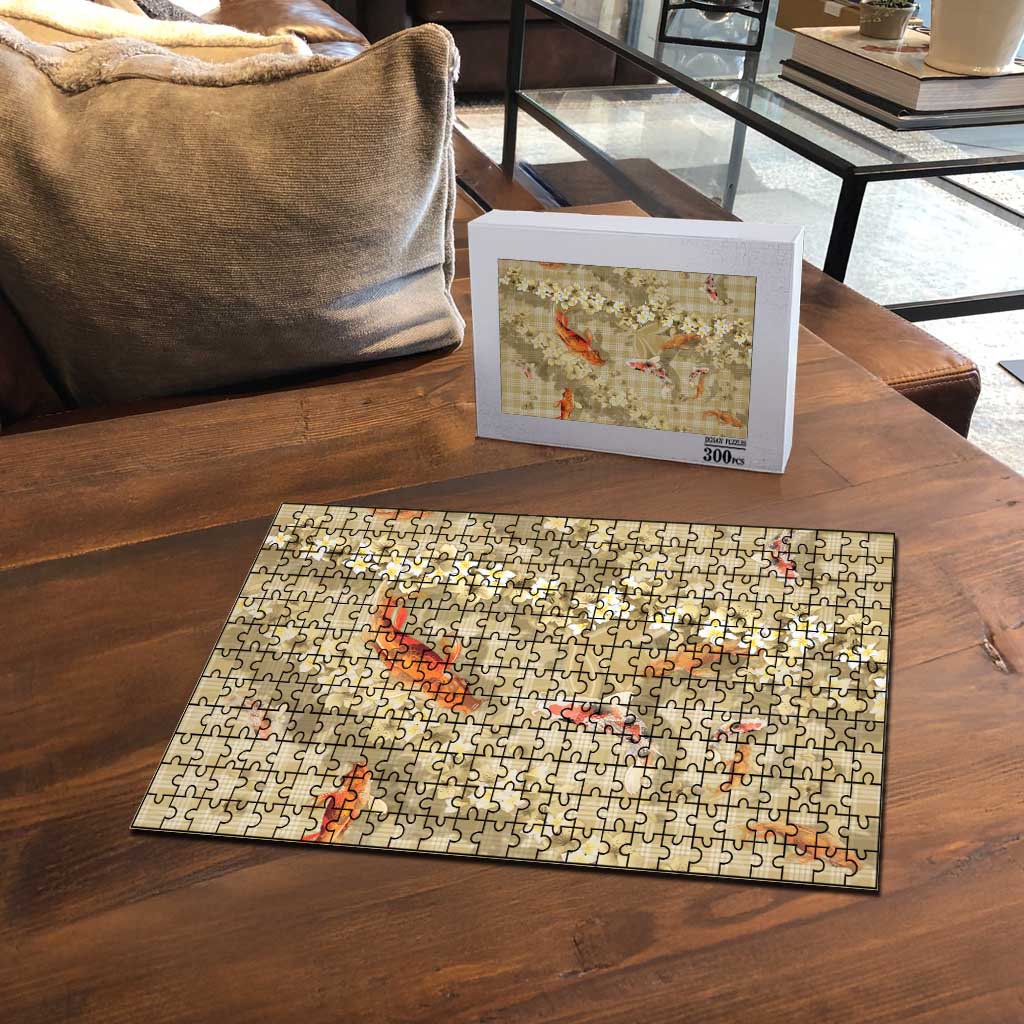 Beige Palaka Hawaiian And Japanese Puzzle Sakura Lei With Koi Fish - Polynesian Pride